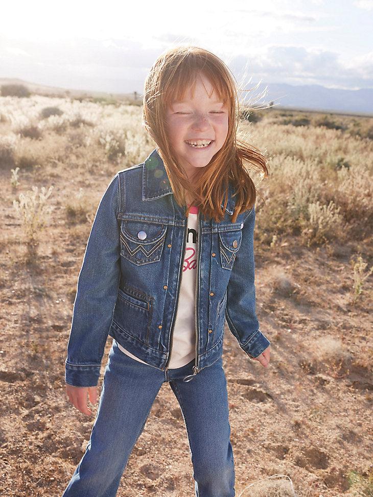WRANGLER X BARBIE™ GIRL'S ZIP FRONT DENIM JACKET IN WRANGLER BLUE - Purpose-Built / Home of the Trades