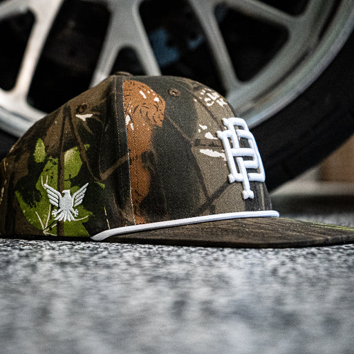 PB Crest rope snapback cap in camo, additional product view of the crown and rope detail
