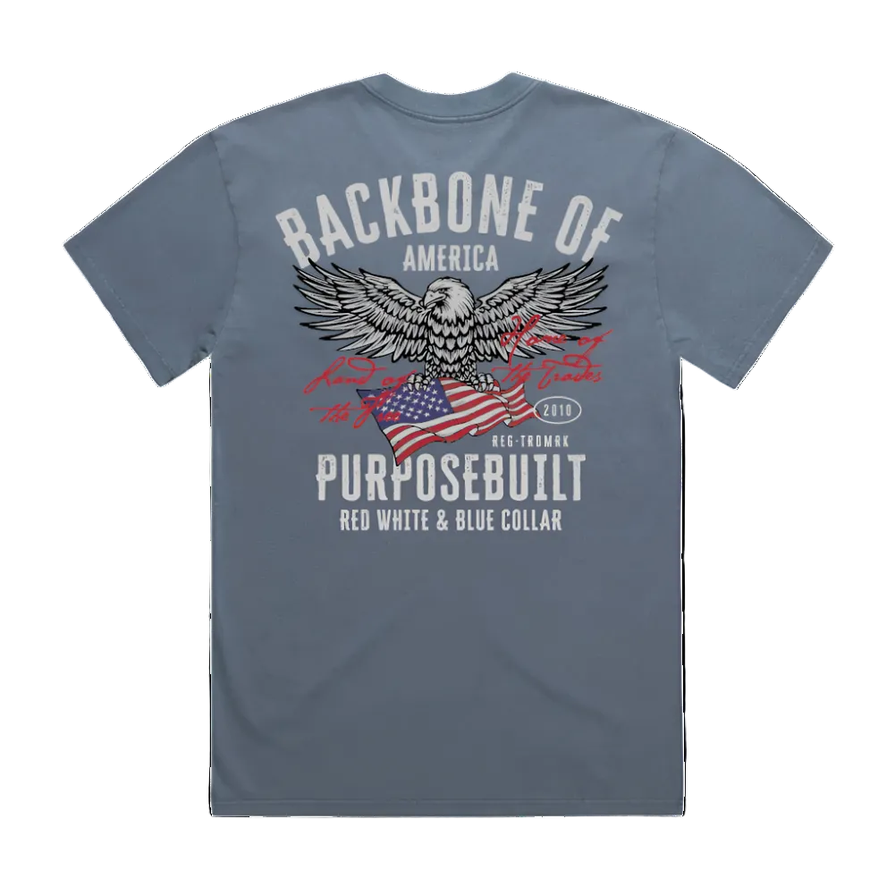 A faded blue t-shirt with a graphic print of an American eagle and the text 'BACKBONE OF AMERICA' and 'PURPOSE BUILT RED, WHITE & BLUE COLLAR'.