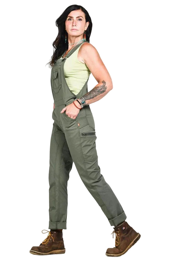 Women's Freshley bib overalls by Dovetail in lichen green, ultralight ripstop main view