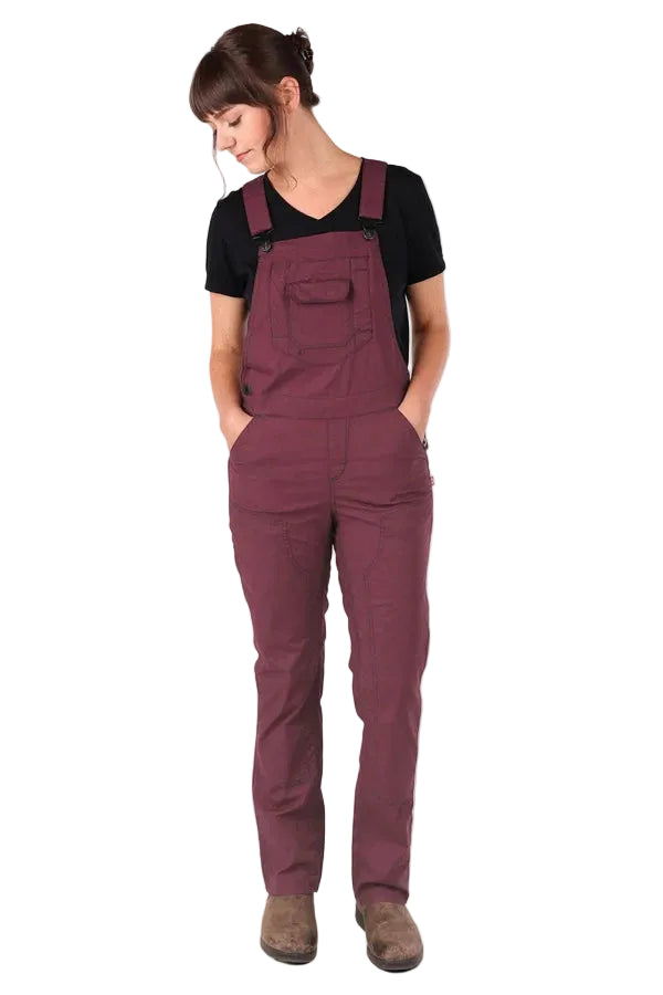 Women's Freshley bib overalls by Dovetail in elderberry maroon, ultralight ripstop main view