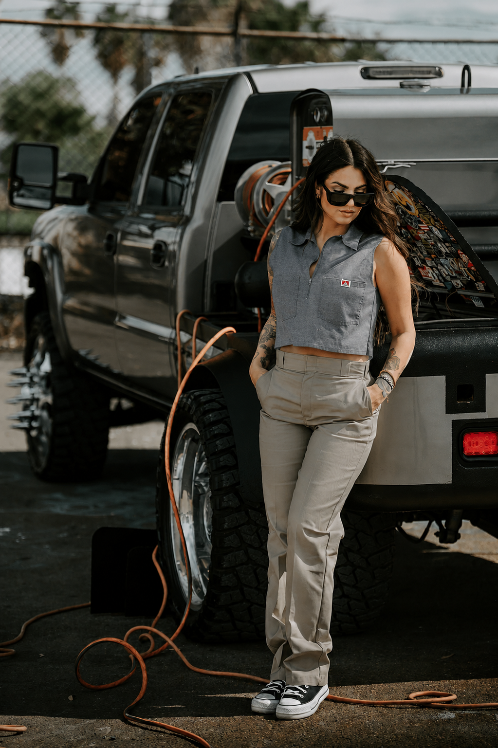 Women's cropped short sleeve work shirt by Ben Davis in charcoal heather, alternate product view