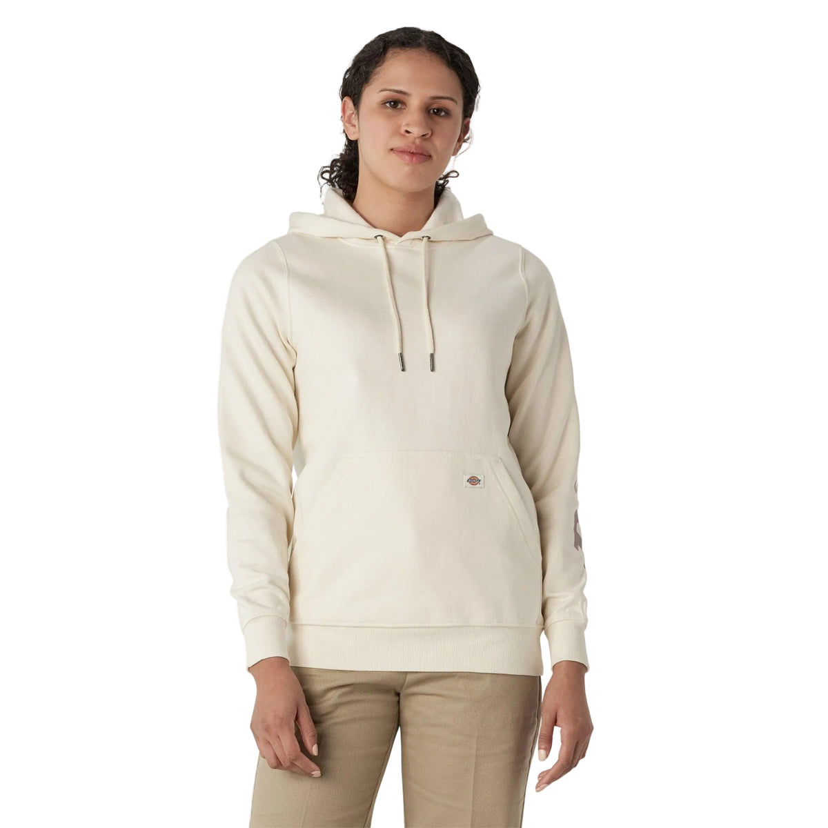 Dickies women's water repellent sleeve logo hoodie in antique white, front view