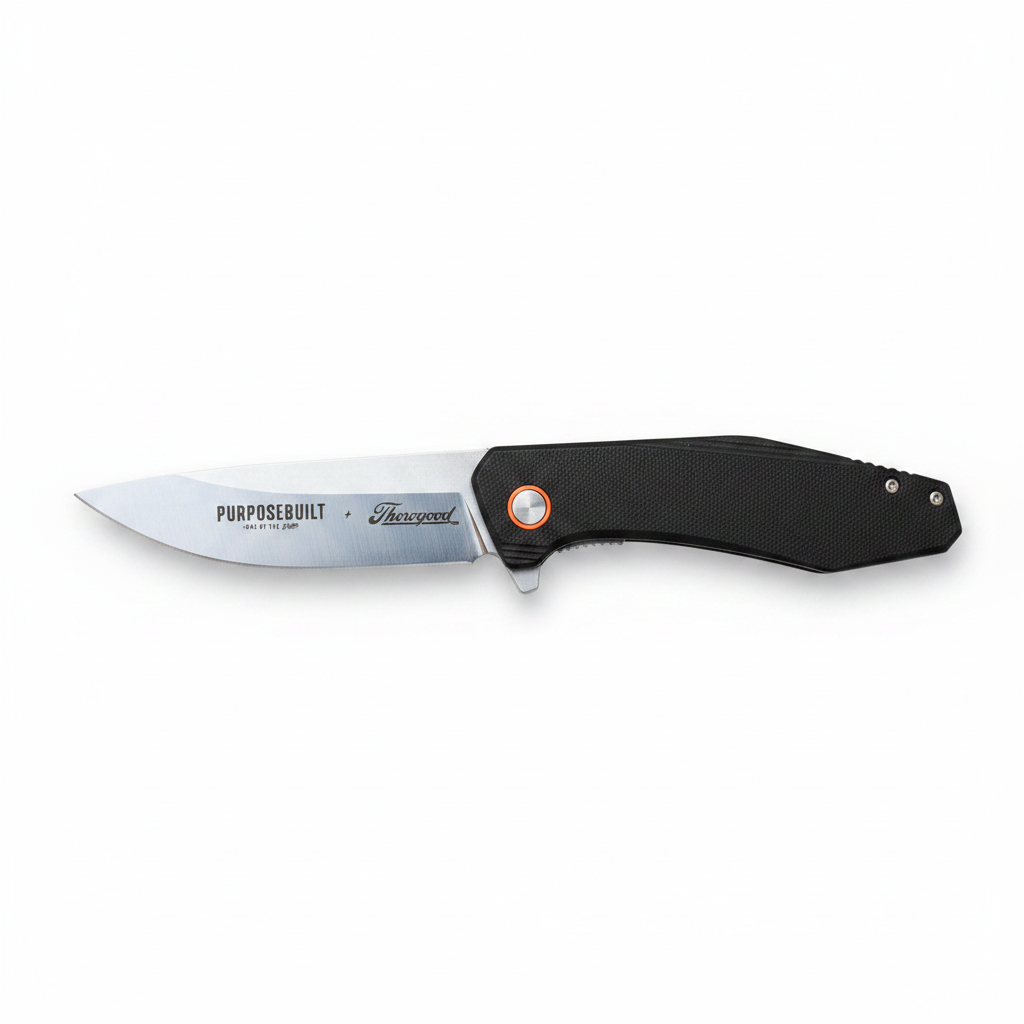 A folding pocket knife with a black handle and a silver blade featuring a blue-tinted finish, shown against a plain white background. The blade has 'PURPOSEBUILT x The Knives' branding.