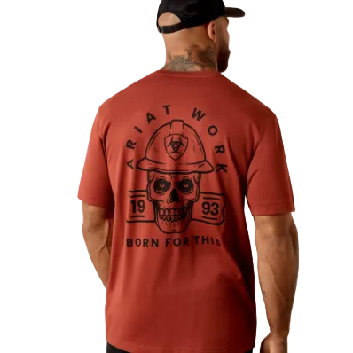 Man wearing a red t-shirt with a skull and text design on the back, on a white background