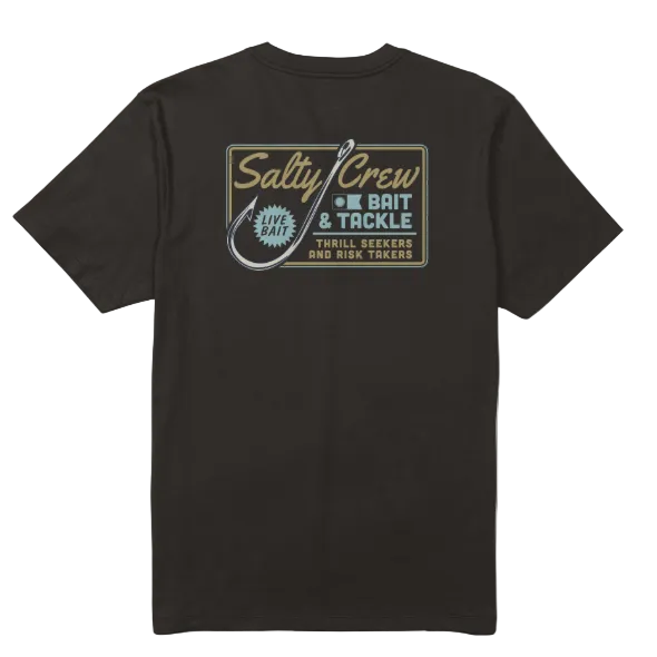 Black t-shirt with yellow and blue Salty Crew logo on a white background