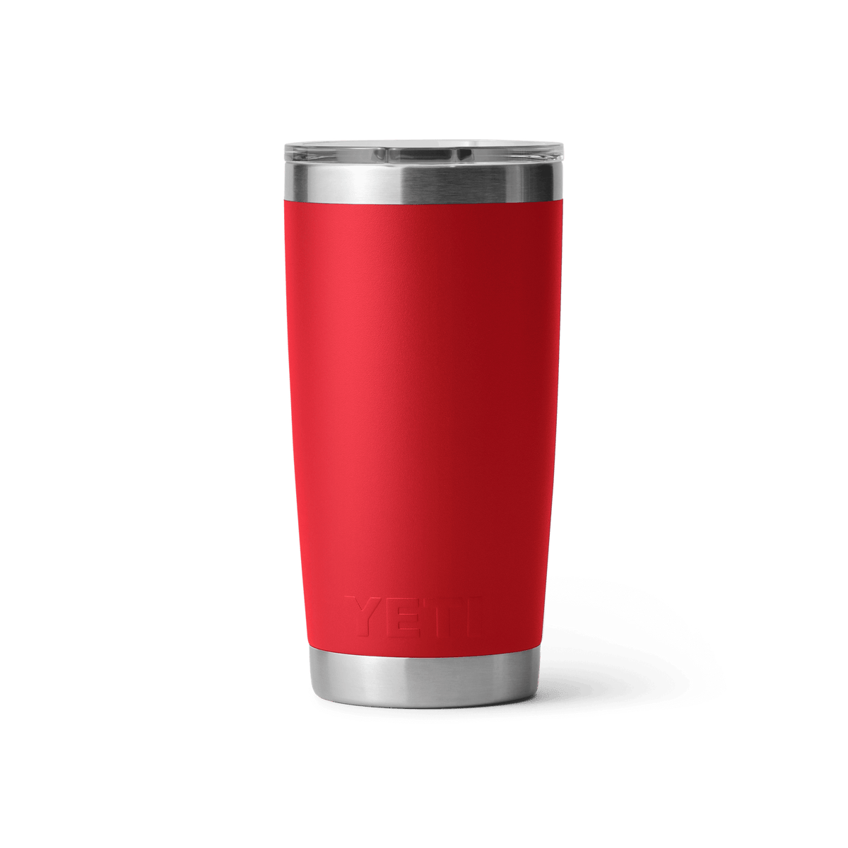 Back view of the rescue red YETI Rambler 20 oz tumbler and stainless steel body