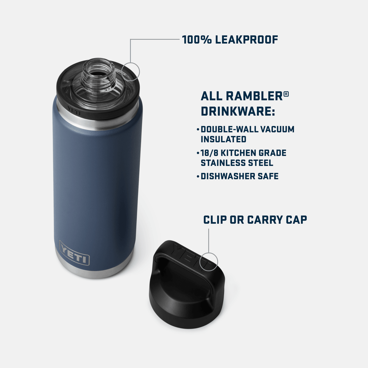 Specifications panel for the YETI Rambler 26 oz bottle listing dimensions and capacity