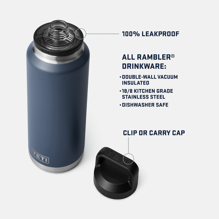 Specifications panel for the YETI Rambler 46 oz bottle listing dimensions and capacity