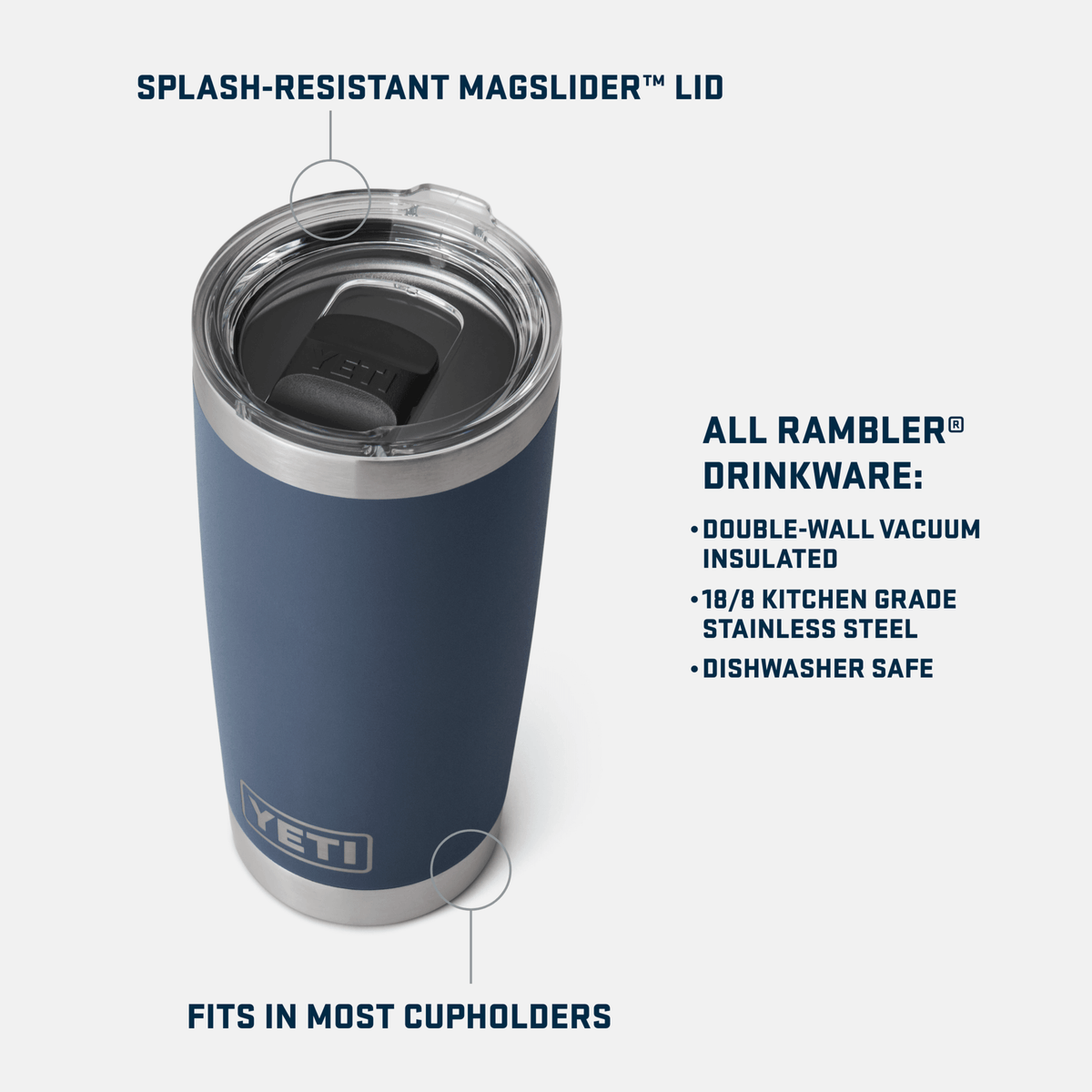 Specification panel for the rescue red YETI Rambler 20 oz tumbler with size details