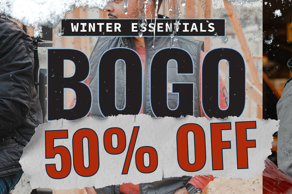 Winter essentials BOGO 50% off banner with people in winter clothing.