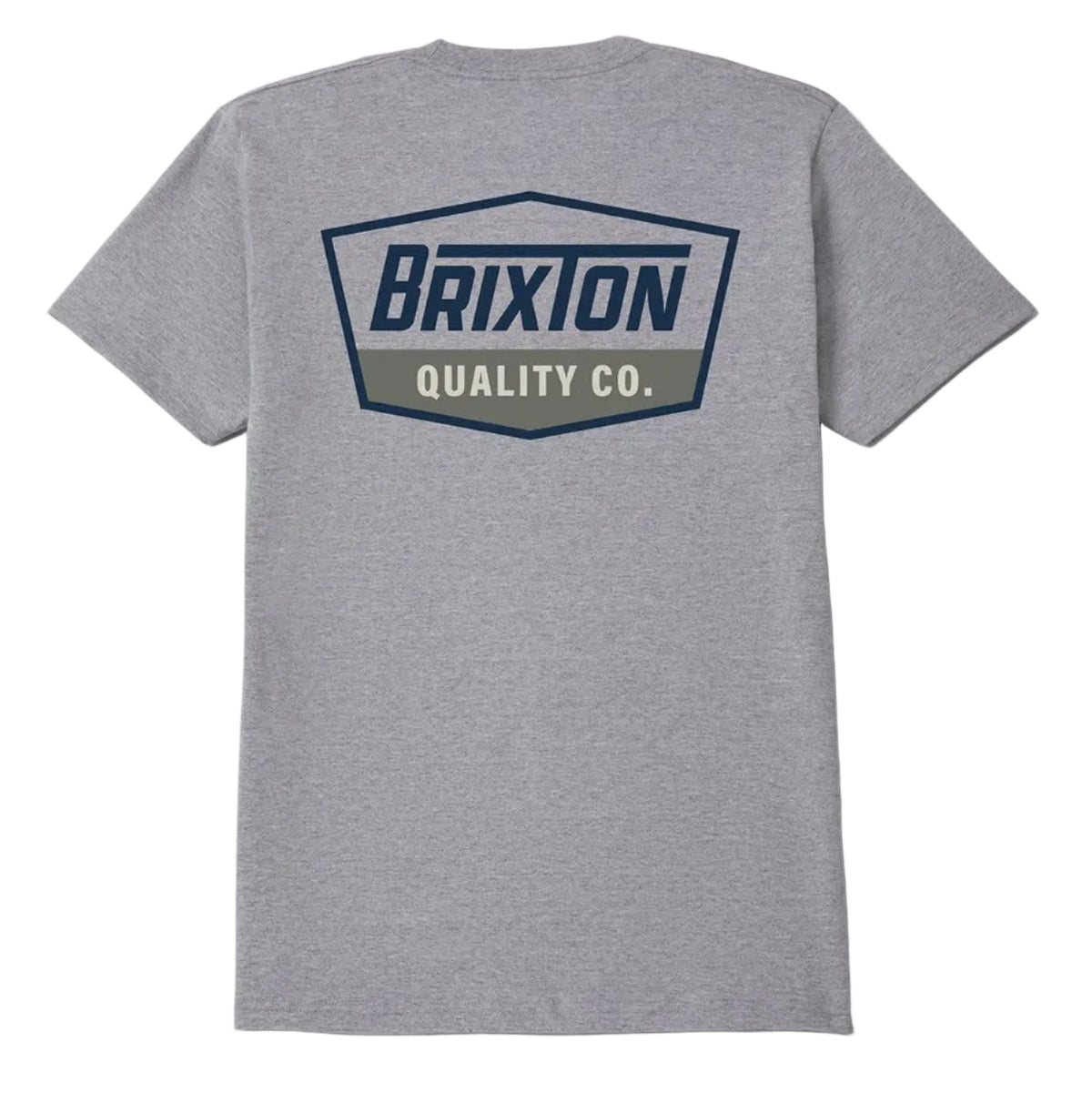 A heather gray short-sleeve t-shirt shown from the back, featuring a large Brixton Quality Co. logo printed in navy and olive green on the upper back.