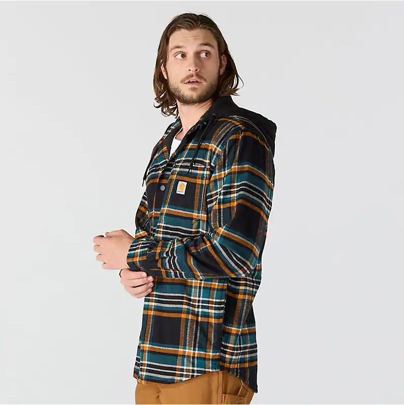 Rugged Flex Relaxed Fit Flannel Fleece Lined Hooded Shirt Jacket - Black