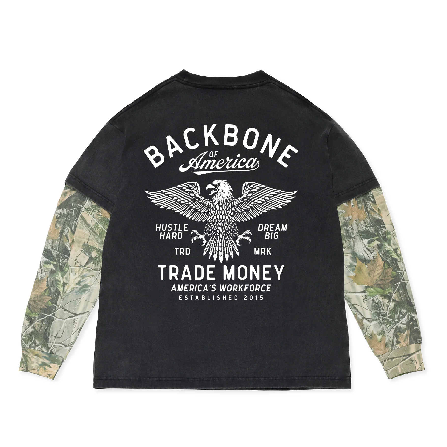 Black long-sleeve shirt with camouflage sleeves and graphic design on a white background