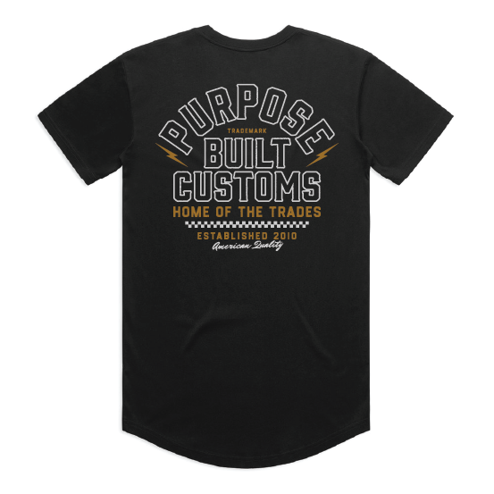 Black crew neck t-shirt with ' Purpose-Built Customs, Home of the Trades, Established 2010' printed on the front.