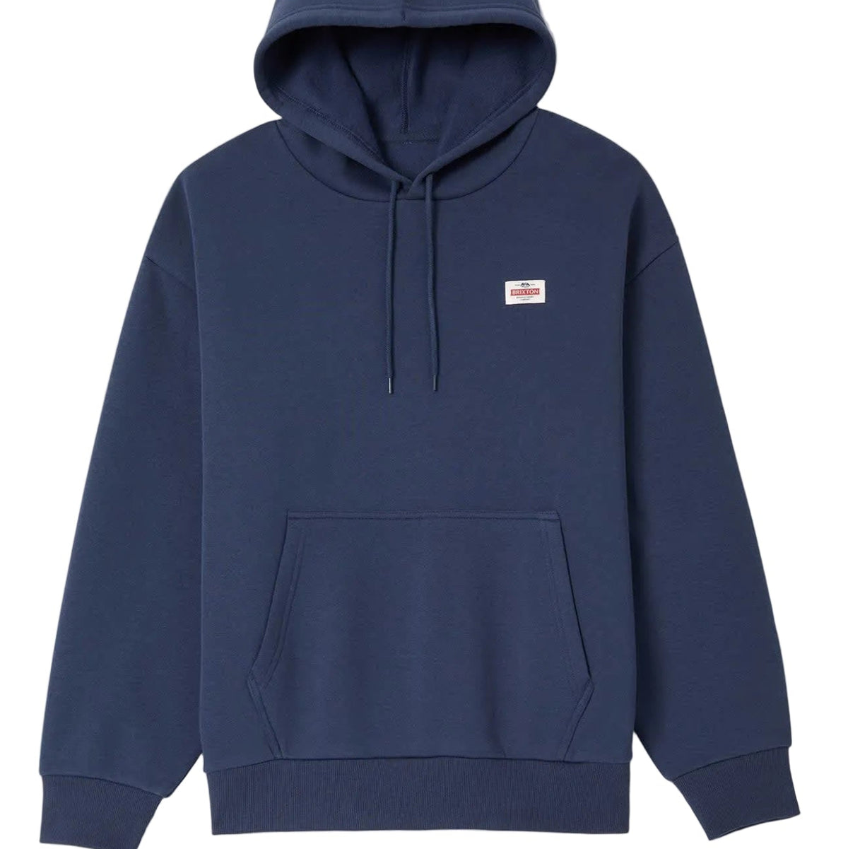 A navy blue pullover hoodie with a small rectangular logo patch on the left chest, displayed against a light gray background.