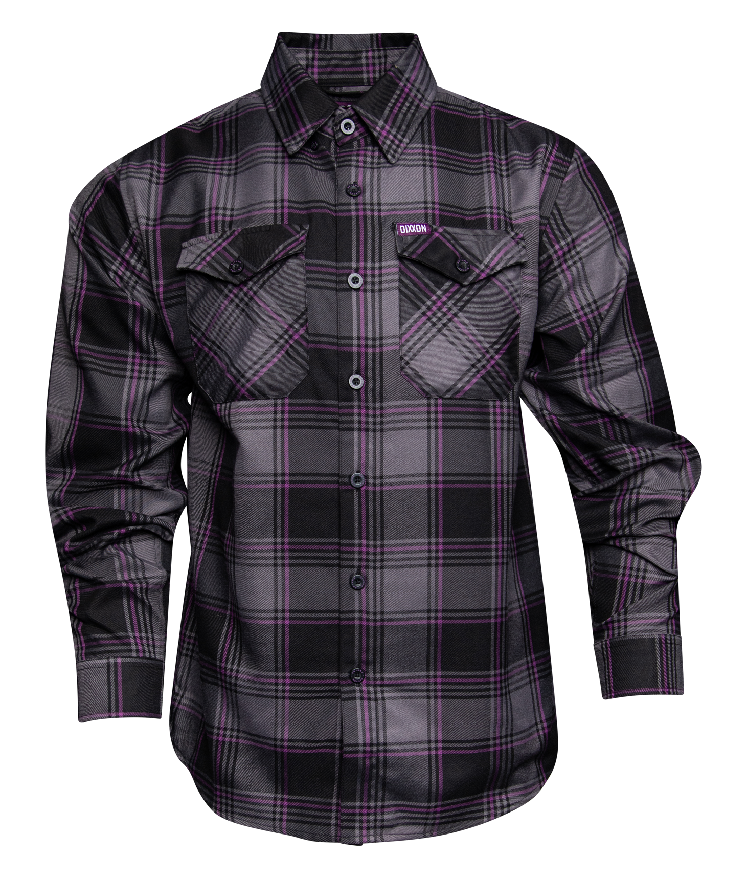 Black and purple plaid shirt on a white background
