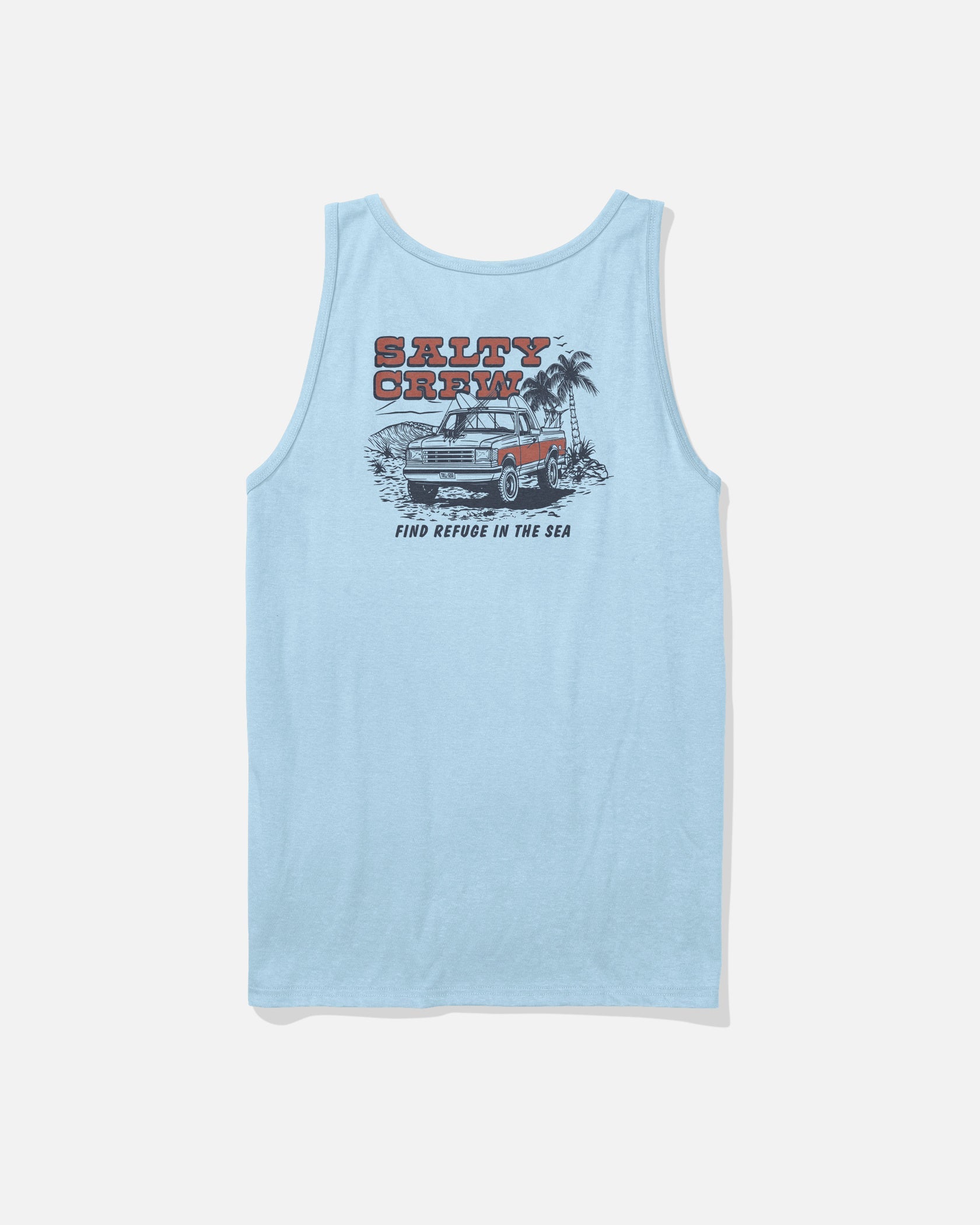 Back view of the Salty Crew Truck Stop graphic tank top in clear sky
