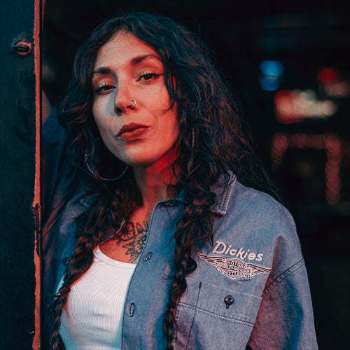 Dickies x Harley Davidson Boxy Chambray Work Shirt- Blue Chambray