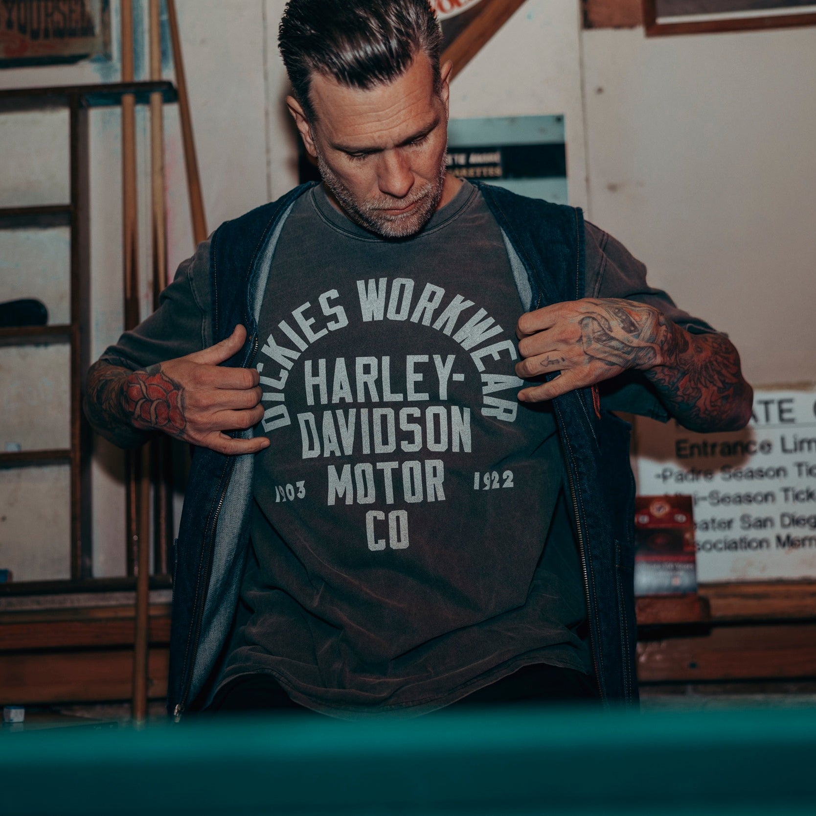 Dickies x Harley Davidson Denim Vest- Rinsed Indigo/ Blue