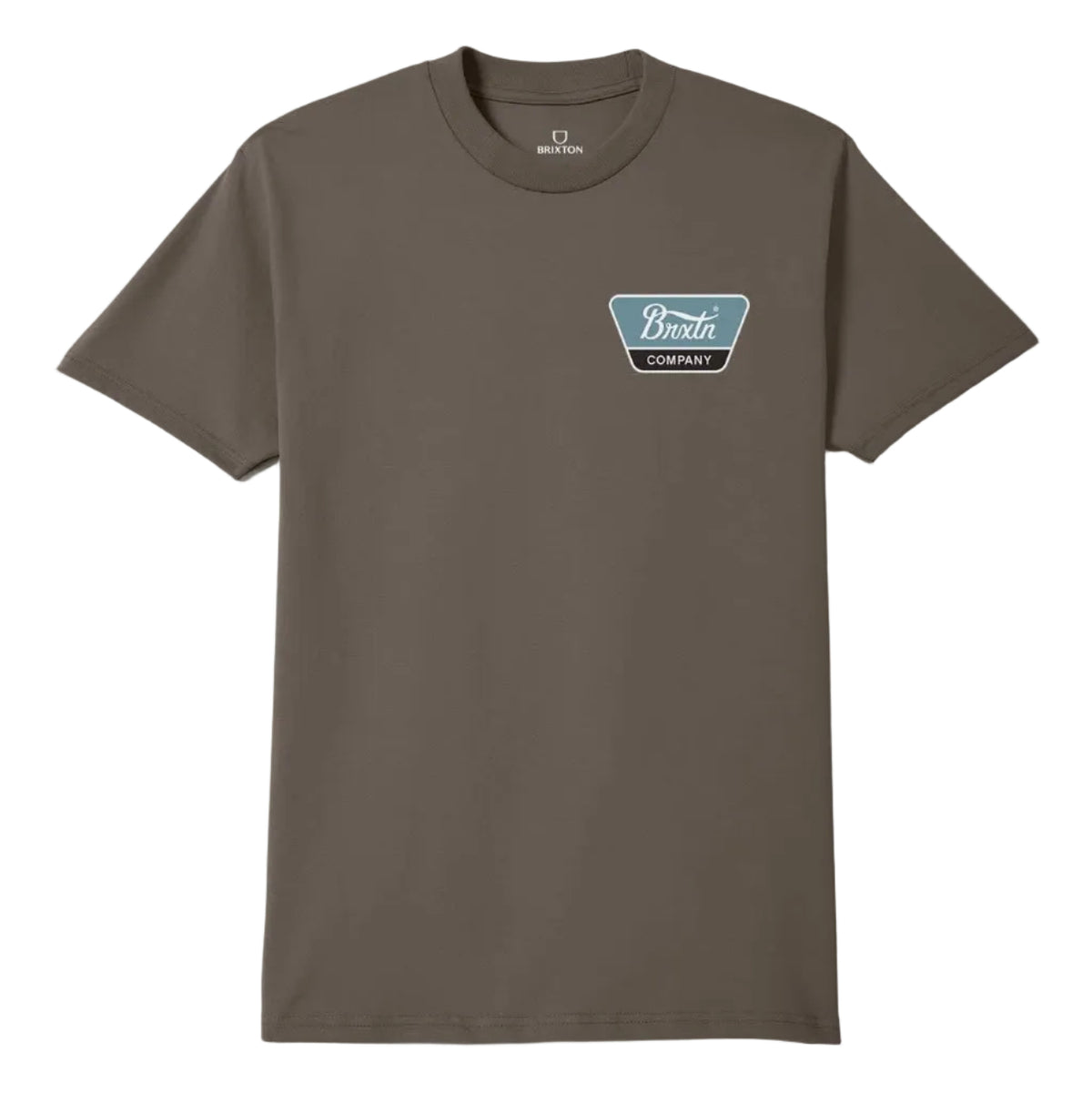 A brown short-sleeve crewneck t-shirt with a small blue and white chest graphic, displayed flat against a light gray background.