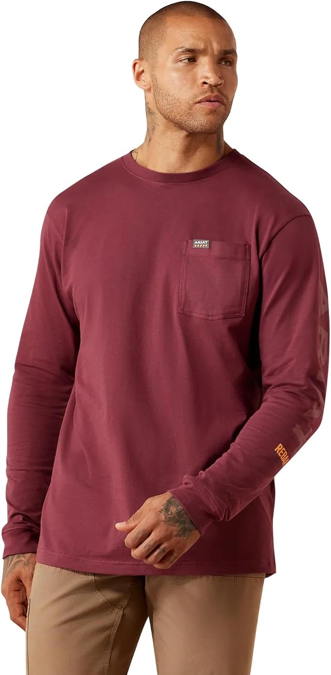 Rebar Cotton Strong Standard Logo Pocket LS T-Shirt- Burgundy/Brick Red