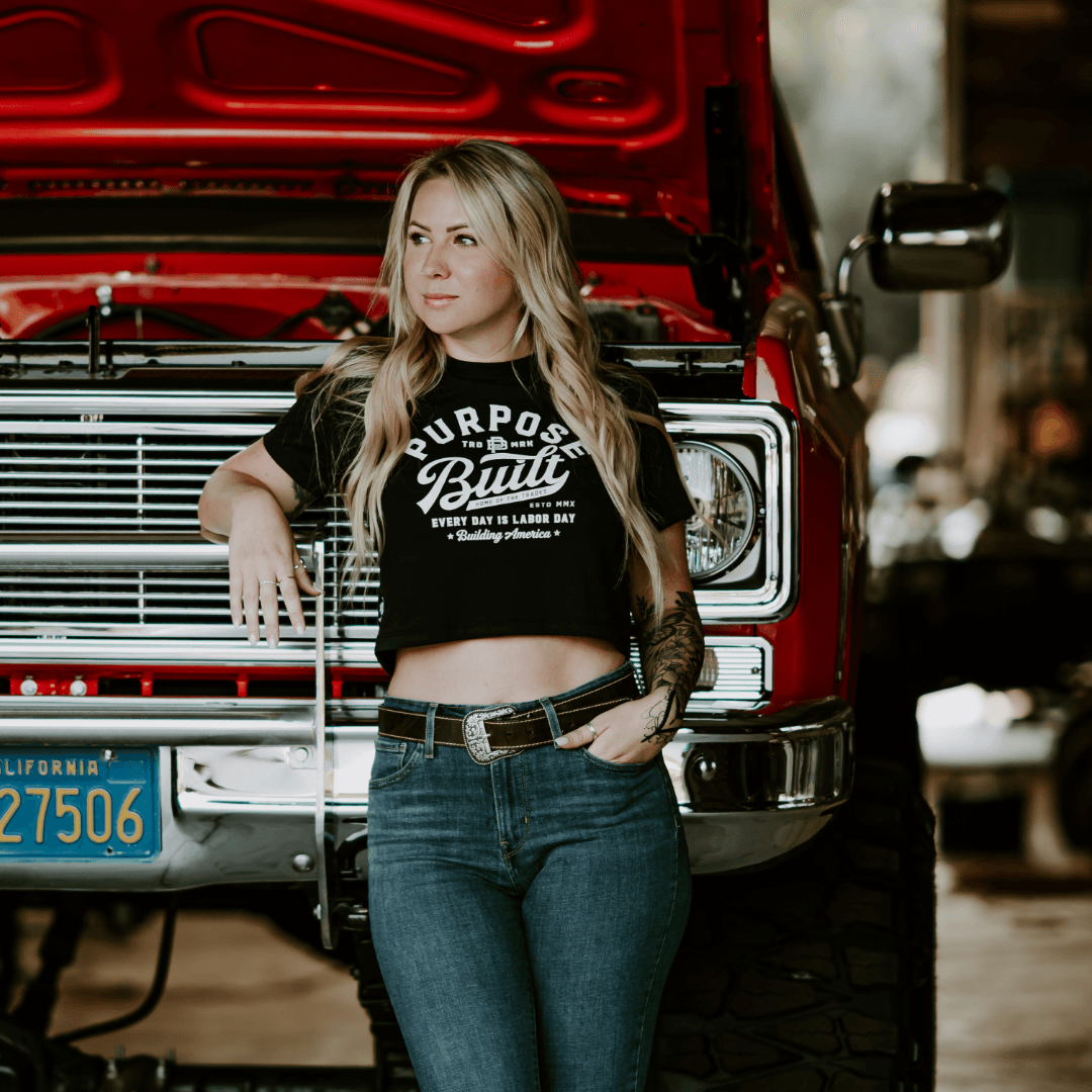 Purpose-Built script crop tee in faded black, front view