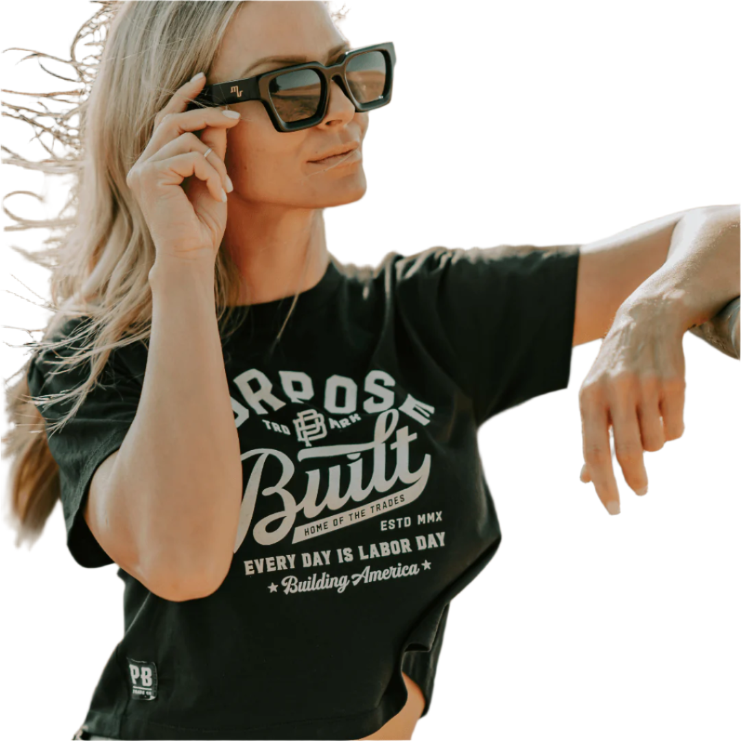 Purpose-Built script crop tee in faded black, side view