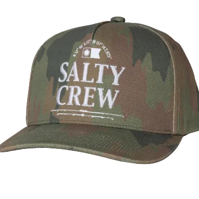 Camouflage baseball cap with 'Salty Crew' text on a white background