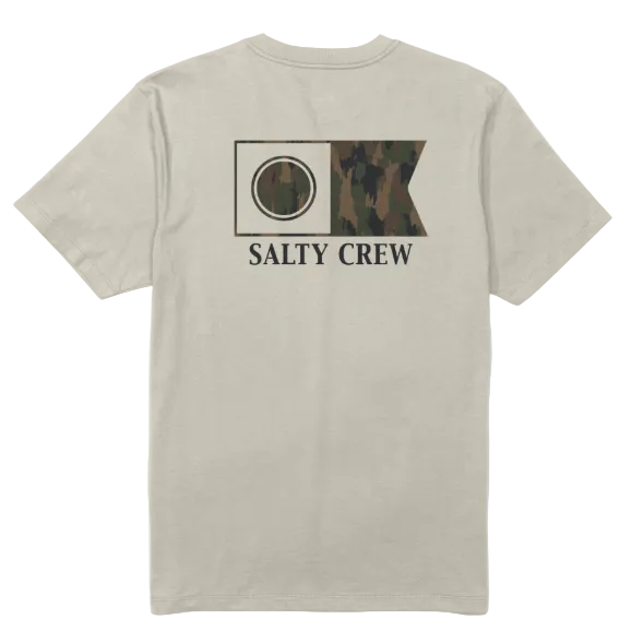 Beige t-shirt with camouflage Salty Crew logo on a white background