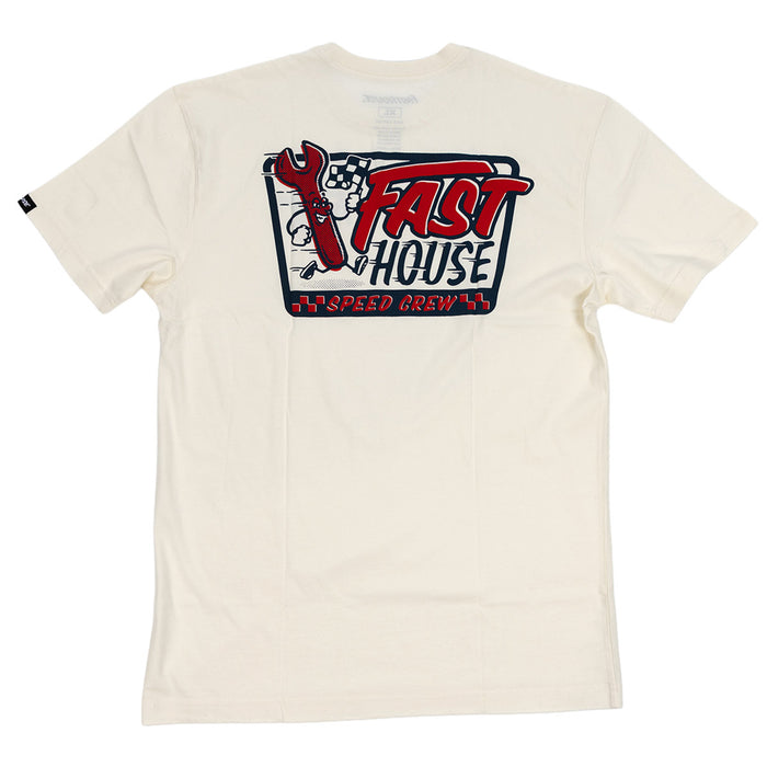 An off-white crewneck t-shirt featuring a large graphic print on the front. The graphic displays a wrench, a speedometer, and the words 'FAST HOUSE' in red and black, with '500 SPEED CREW 50' written below.