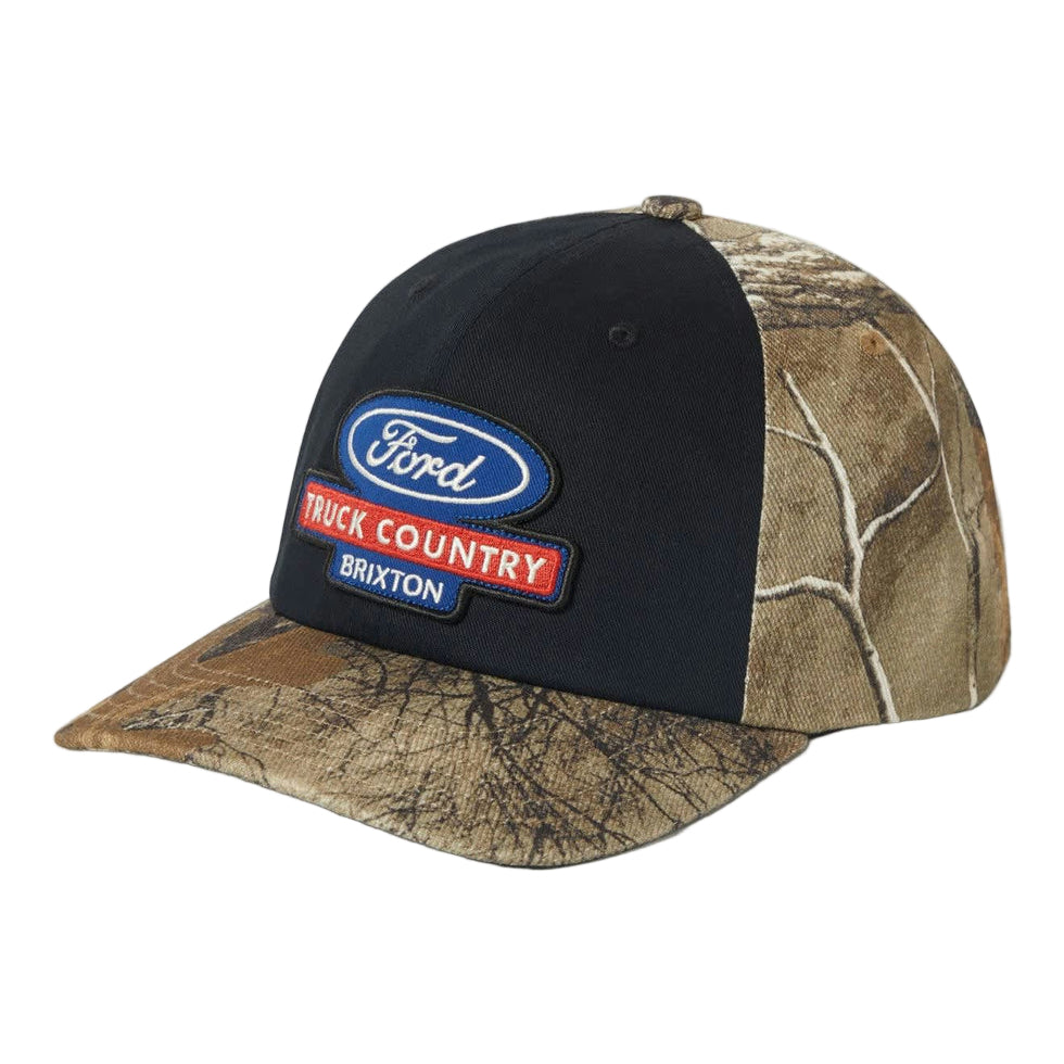 Camo and black baseball cap with Ford and Buxton logos on a white background
