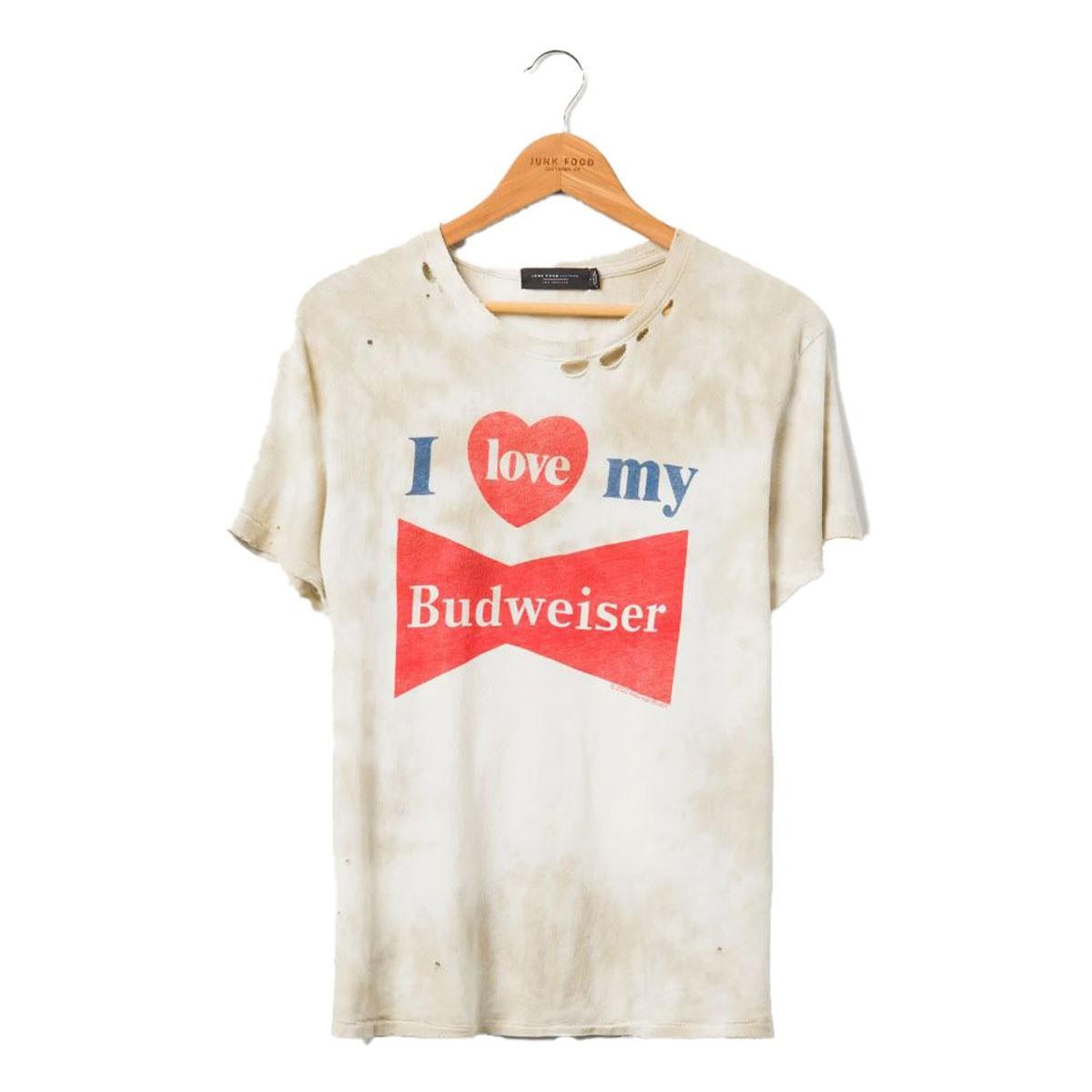 Junk Food I Love My Budweiser graphic t-shirt with vintage beer brand print and crew neck